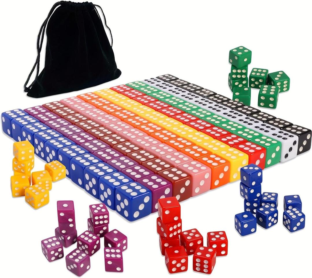 100PCS 16mm(0.63 inch) Game Dice Set 10 Vibrant Colors, Square Cornered D6 Dice with Velvet Storage Bag Ideal for Board Games, Teaching, Party, and Classroom Use