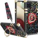 for Samsung Galaxy a12 Case, Samsung a12 Case with Kickstand Ring Strap Lanyard, Luxury Lip Kiss Cute Elegant Design Shockproof Soft TPU Protective Cover, for Galaxy a12 Case (Black Lips)