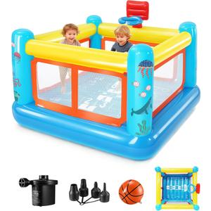 AKEYDIY Bounce House for Kids 3-6, Indoor/Outdoor Inflatable Bouncy Castle Blow-Up Bouncer Playhouse with Hopscotch Game, Basketball Hoop & Air Blower Included