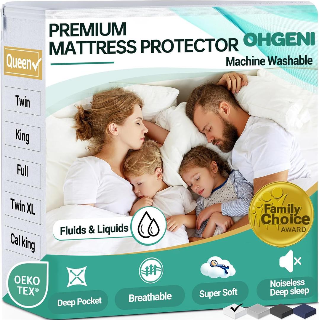 OhGeni 100% Waterproof Mattress Protector, Queen Size, Fitted Sheet with Deep Pockets, 6''-18'', Premium Noiseless Breathable Soft Material, Mattresses Cover for Bed (White)