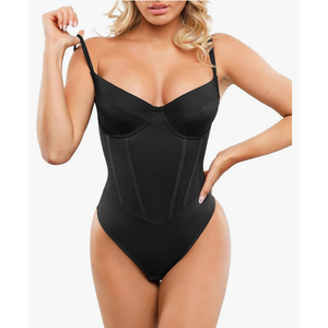 Popilush Corset Bodysuit Built in Bra - V Neck Bodysuits for Women Tummy Control Thong Shapewear Concert Outfits Club Tops XL