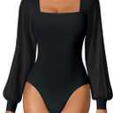 Avidlove Women Puff Long Sleeve Bodysuit Mesh Square Neck Thong Sexy Body Suits Double Lined Leotards (Black, XS)