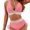 Blooming Jelly Women High Waisted Bikini Sets Tummy Control Swimsuits Color Block Two Piece Drawstring Bathing Suit L
