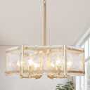 6-Light Gold Glass Chandelier, 18.7" Modern Textured Glass Drum Chandelier for Dining Room, Luxury Crystal Round Hanging Light Fixture for Kitchen Living Room Hallway Bedroom