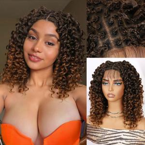 Fancy Hair Braided Wig for Black Women Gogo Curly Braid Wig Double Full Lace Curly Wavy Bob Wig with Baby Hair Pre Plucked Knotless Squrare Part Curly Wig (Ombre Brown)
