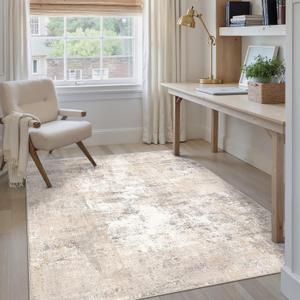 4x5 Washable Area Rug Beige Grey Abstract Non Slip Soft Low Pile Rug for Entryway Kitchen Bathroom Neutral Modern Throw Carpet for Living Room Bedroom Home Decor