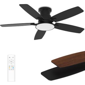 Flush Mount Ceiling Fan with Light, 42 Inch, Remote Control, 3CCT Dimmable LED, 6-Speed Silent Reversible DC Motor, Low Profile Hugger Ceiling Fan for Indoor/Outdoor 90-264V 50/60Hz Matte Black