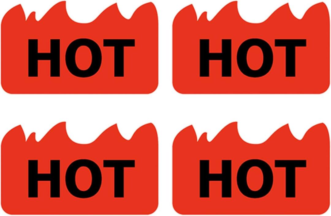 600pcs Waterproof Hot Stickers, PVC Material, Fluorescent Red Fire Shape Labels for Supermarkets, Restaurants, and Stores 2 x 1.2 Inch