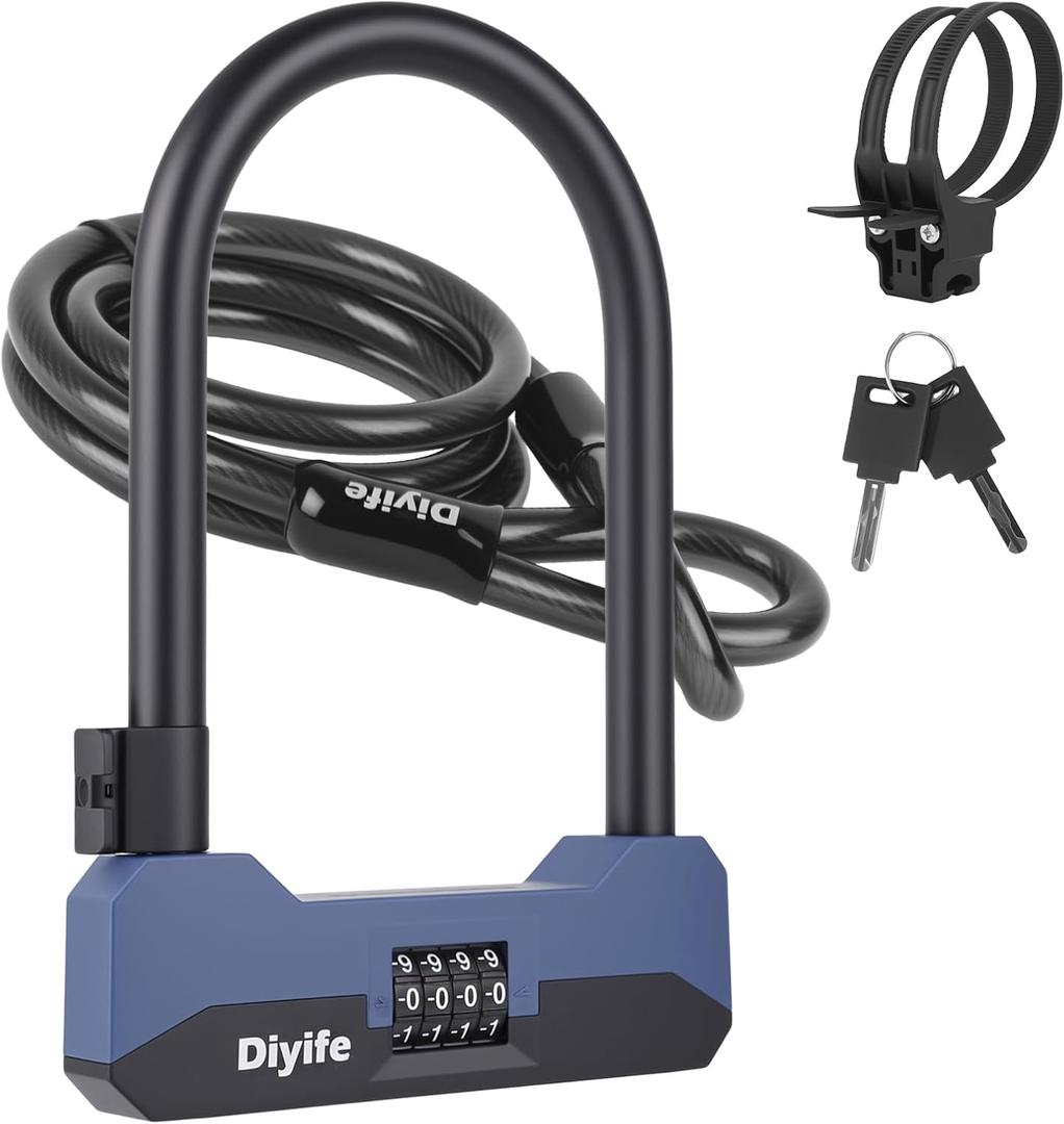 Diyife Bike U Lock Heavy Duty Anti Theft with 5FT Steel Cable, 18mm Shackle, 4-Digit Combination High Security Bike Lock with 2 Keys and Mounting Bracket for Electric Scooter, Ebike, Road, Motorcycle