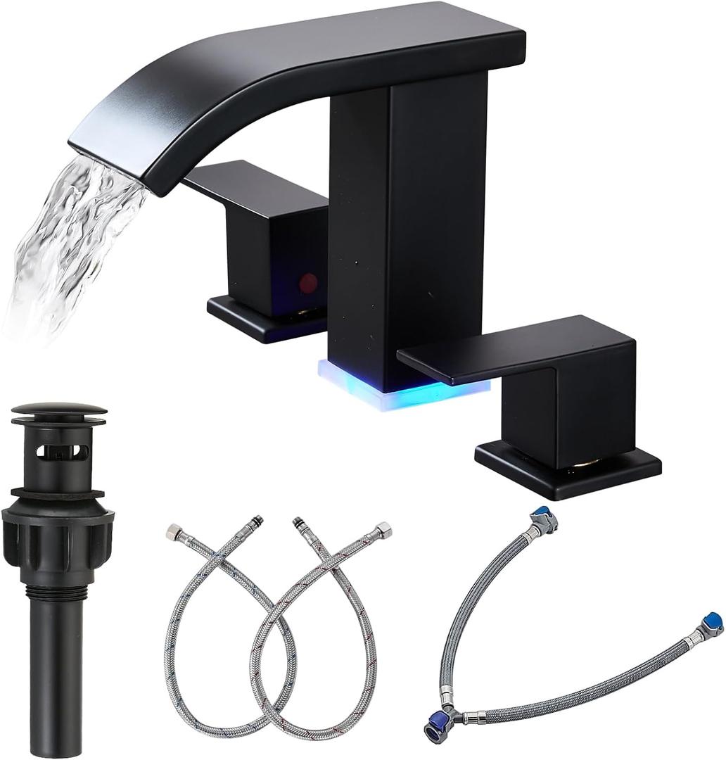 Bathroom Faucets 8 Inch Widespread Bathroom Sink Faucet Two Handles Black Bathroom Faucet 3 Hole Waterfall Vanity Sink Faucet for 3 Hole with LED Light with Pop Up Drain