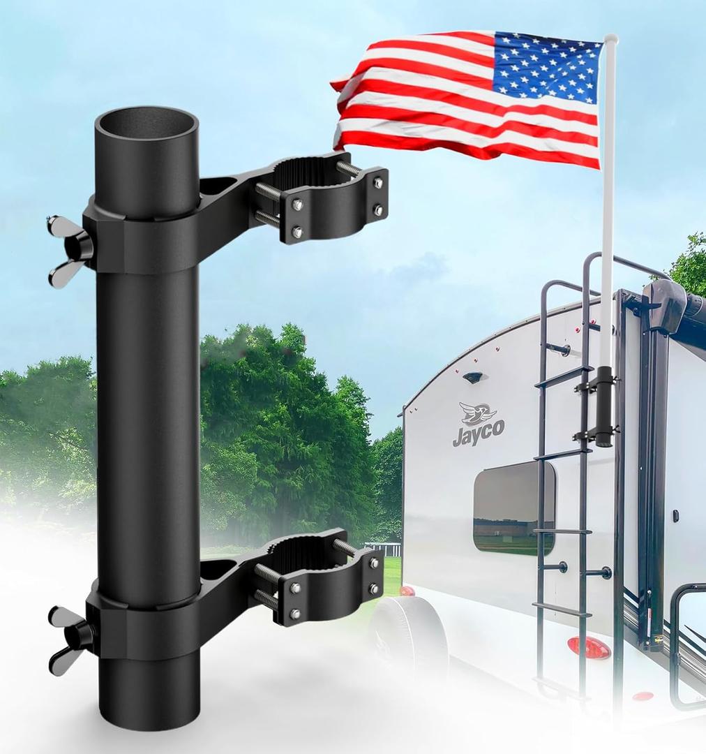 RV Flag Pole Holder - Aluminum Ladder Mount Bracket for 1-1.75" Poles, Compatible with Camper/Trailer/Truck Rails up to 1.5" Motorhome Flagstuff Support