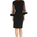 R&M Richards Women's Elegant Feather Trim Wrap Mini Dress W/Illusion Long Sleeves, Ruched Waist & Rhinestone Brooch Black, Size 4P