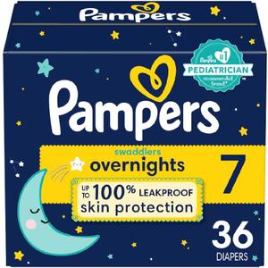 Pampers Swaddlers Overnights Diapers - Size 7, 36 Count, Disposable Baby Diapers, Night Time Skin Protection (White)