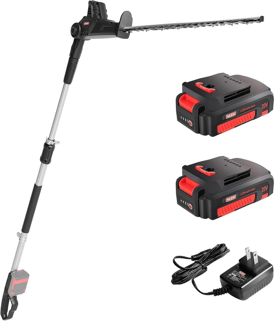 MZK 20V MAX 22.4-inch Cordless Pole Hedge Trimmer Attachment, 8-Feet Reach, Electric Hedge Trimmer with Extension Pole, Multi-Angle (Battery and Charger Included), ET1611-2