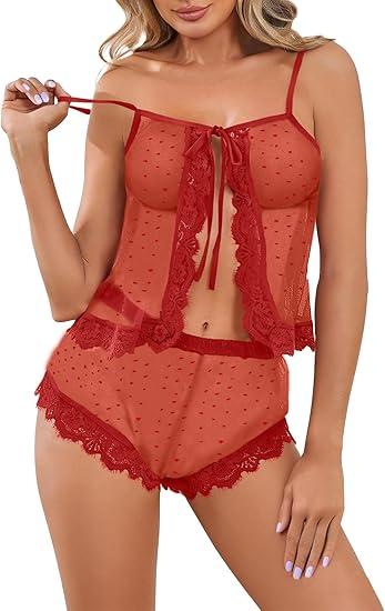 UNCLECAT Sexy Women Lace Pajamas Lingerie Set High Waist Sheer Sleepwear Polka Dot Bow Ties Cami Shorts Set, Medium