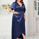 Women's Plus Size Formal Satin Dress V Neck Wrap Ruched Maxi Evening Gown Cocktail Party Wedding Guest Dresses (Blue, XL)