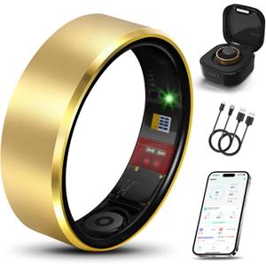 Smart Health Ring 2.0 for Women Men, Slim Scratch & Fingerprint Resistant Design, Efficient Chip Fitness Tracker, Monitors Heart, Blood Oxygen & Pressure, Sleep, Steps, Waterproof, Gold 9