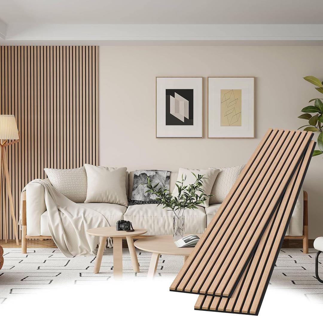 Wood Slat Wall Panels, 2 Pack Accent Decorative Acoustic Wood Slats for Wall and Ceilings, Acoustic Panels for Interior Wall Dcor on Felt Back Board, Oak, 8 x 1 ft