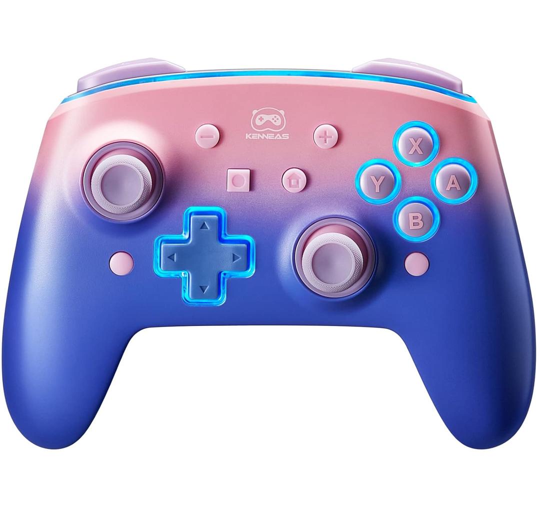 KENNEAS Wireless Controller Compatible with Switch/OLED/Lite, 2 Faceplate/8 Colors LED/850 mAh Battery/6-Axis Gyroscope/Turbo/Programmable Button/Immersive Vibration Motor Pro Controller for Switch(Purple Pink)