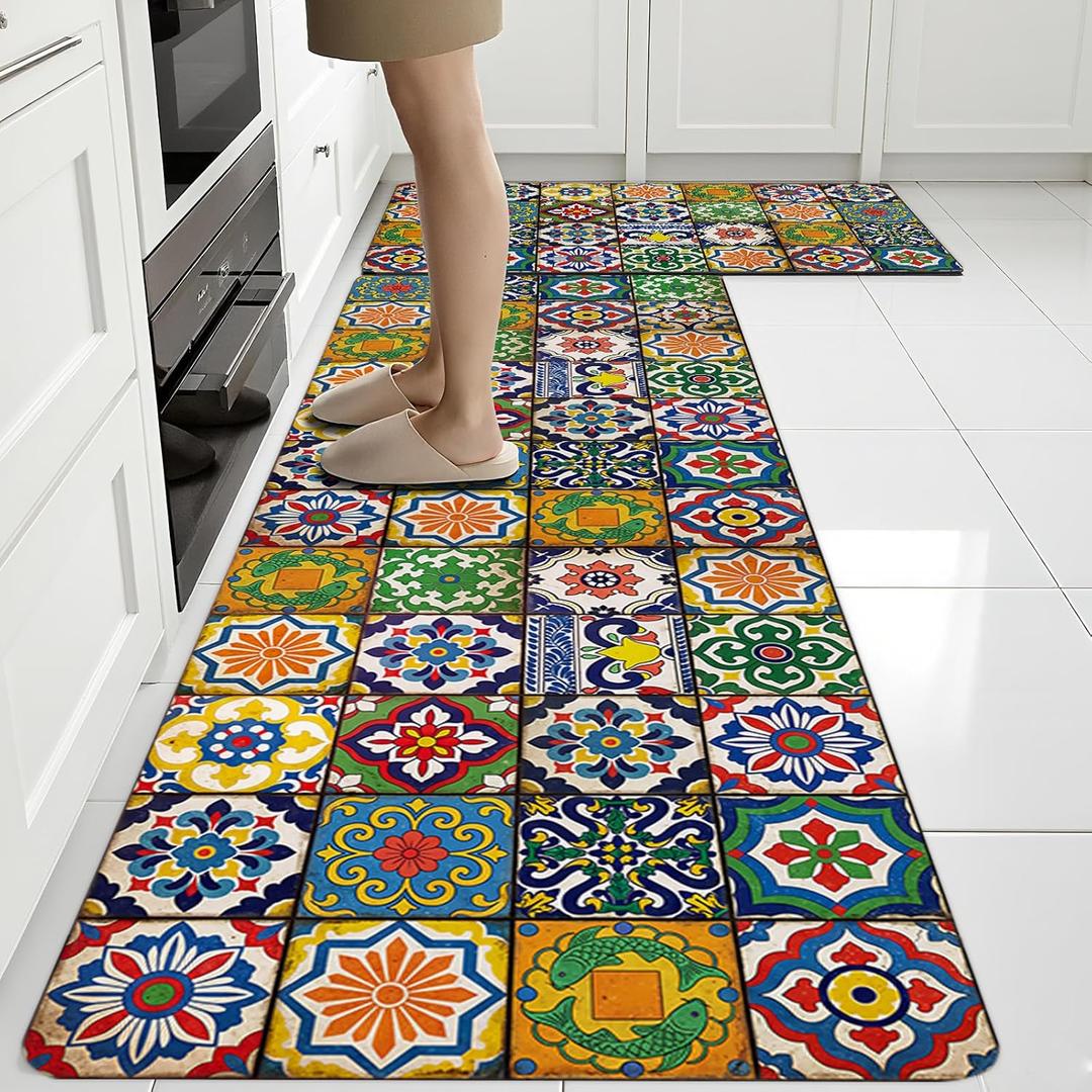 Boho Colorful Ceramic Rugs for Kitchen Floor, Anti Fatigue Mats for Kitchen Floor Non Slip, 2PCS Rubber Kitchen Mat for Sink Laundry 15.7"27.5" +15.7"47"