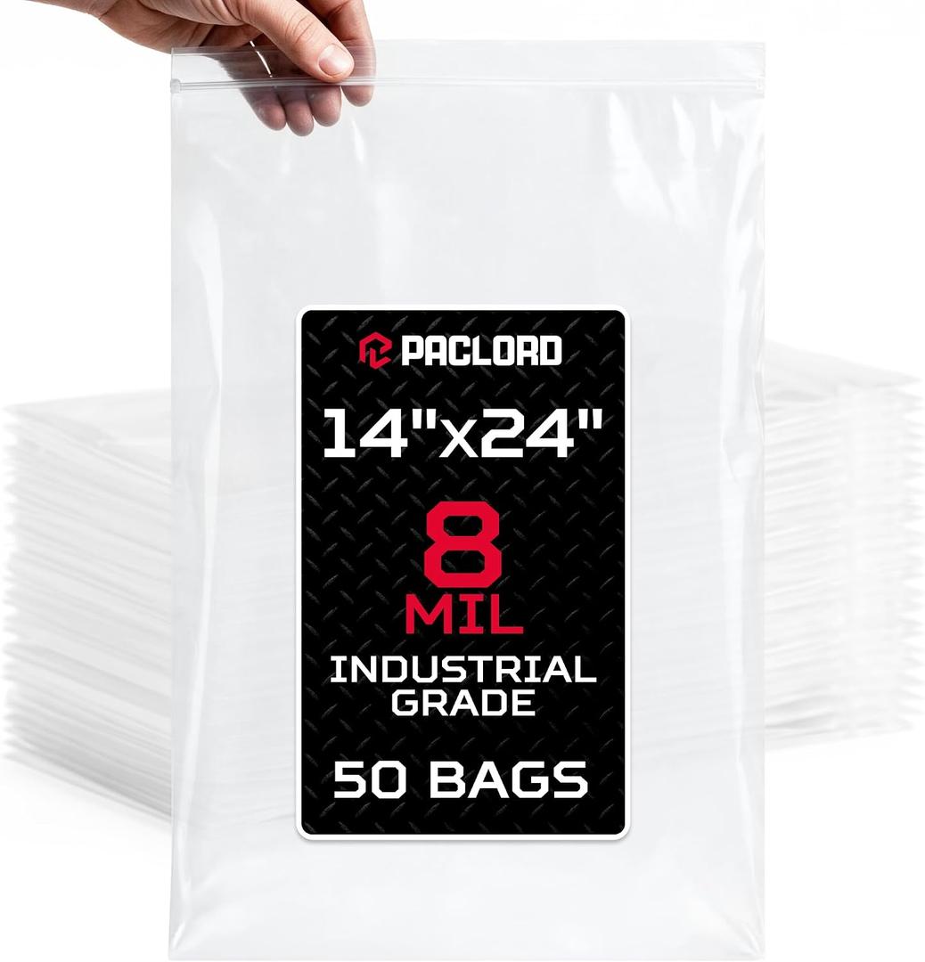 14" x 24" Heavy-Duty Large Zip Plastic Bags, 50 Count | 8 Mil Extra Thick Clear Reclosable Poly Bags, Waterproof Resealable for Clothes, Hardware, Tools