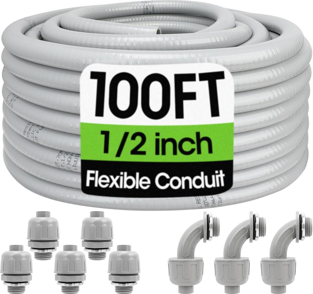 100FT Liquid-Tight Conduit and Connector Kit, 1/2 Flexible Non Metallic Electrical Conduit with 5 Straight and 3 Angle Fittings, PVC Conduit
