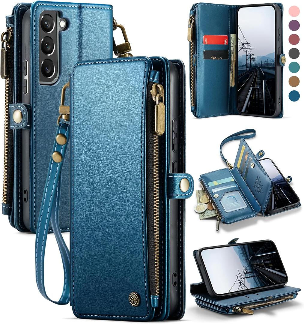 Defencase Compatible with Samsung Galaxy S22 5G Case Wallet with RFID Blocking Card Holder for Women Men, PU Leather Magnetic Snap Flip Zipper Strap Wallet Phone Case Fit for Galaxy S22 5G 6.1", Blue (Elegant Dark Blue)