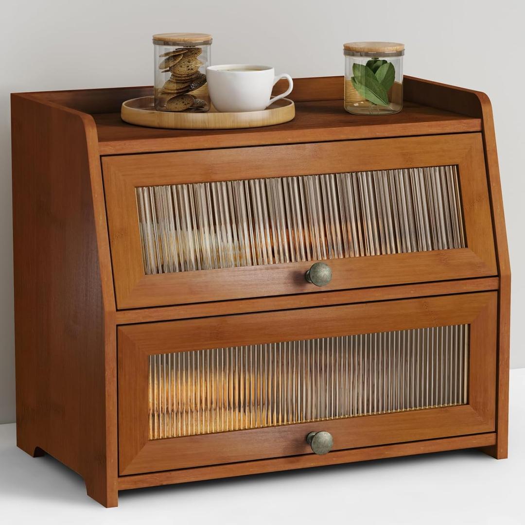 Wooden Bread Box for Kitchen Countertop, Dark Wood Bread Storage Container for Homemade Bread, 2 Tier Roll Top Breadbox Holder Keeper for Sourdough Loaf Storage (Walnut Brown)