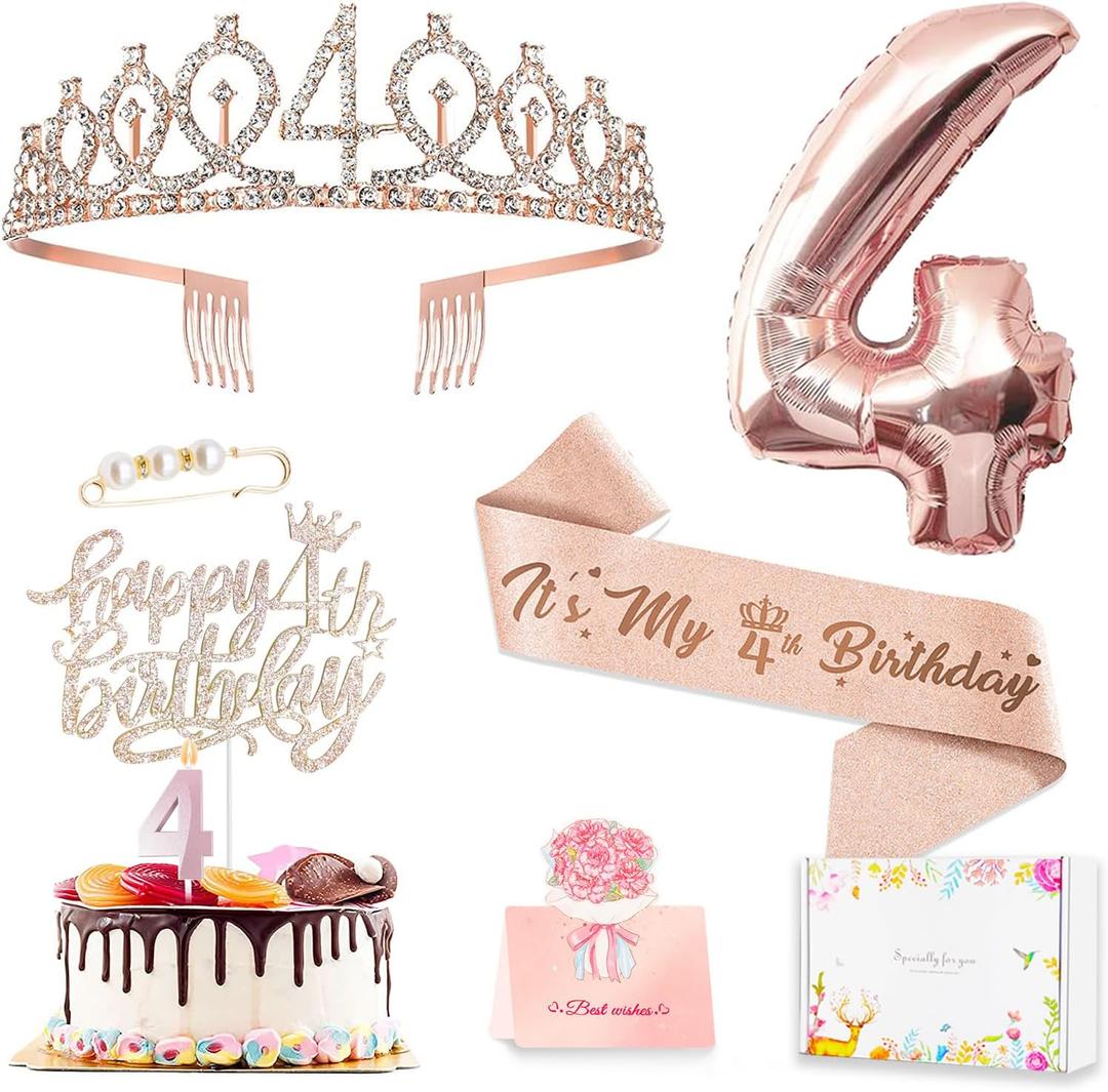4th Birthday Decorations Girl, Including 4 year old Birthday Cake Topper, Queen Sash with Pearl Pin, Sweet Rhinestone Tiara Crown, Number Candles and Balloons Set, Rose Gold
