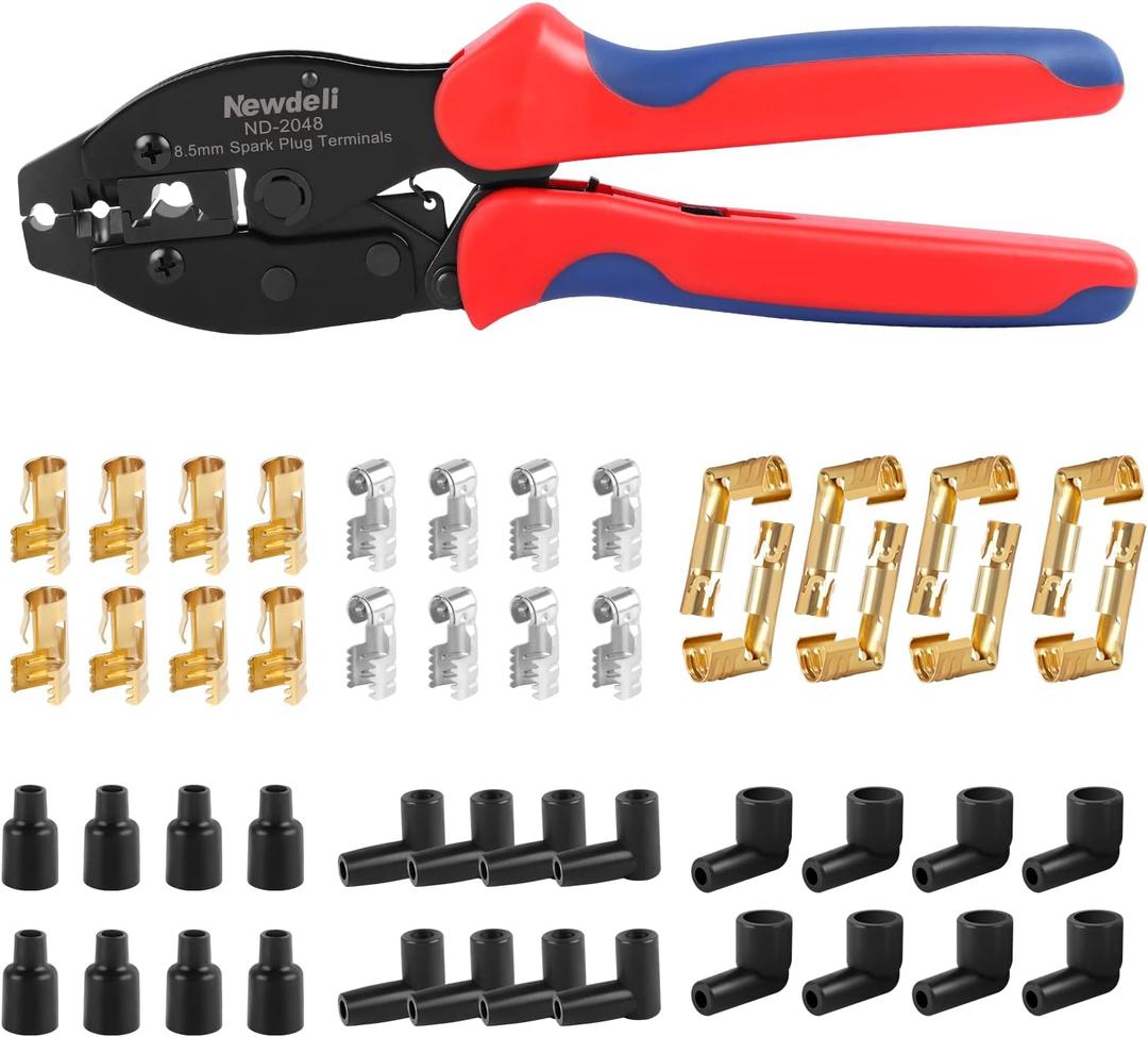 Ratchet Spark Plug Wire Crimper Set, Newdeli 25Pcs Spark Plug Crimping Tool and 180 Degree/90 Degree/Straight Spark Plug Coil Terminals Boots Set for Crimping and Stripping Spark Plug Ignition Wire