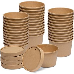 GUSTO [8 oz. - 25 Count Kraft Paper Food Containers with Vented Lids - To Go Hot Soup Bowls, Disposable Ice Cream Cups, Ideal for Hot and Cold Foods - (Formerly Comfy Package)