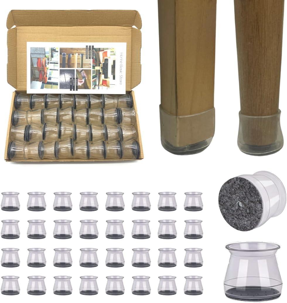 32 pc - Chair Leg Floor Protectors - Transparent Silicone Rubber Chair or Table Furniture Leg Bottom Protector - Small Foot Covers and Caps for Round or Square Furniture Bottoms