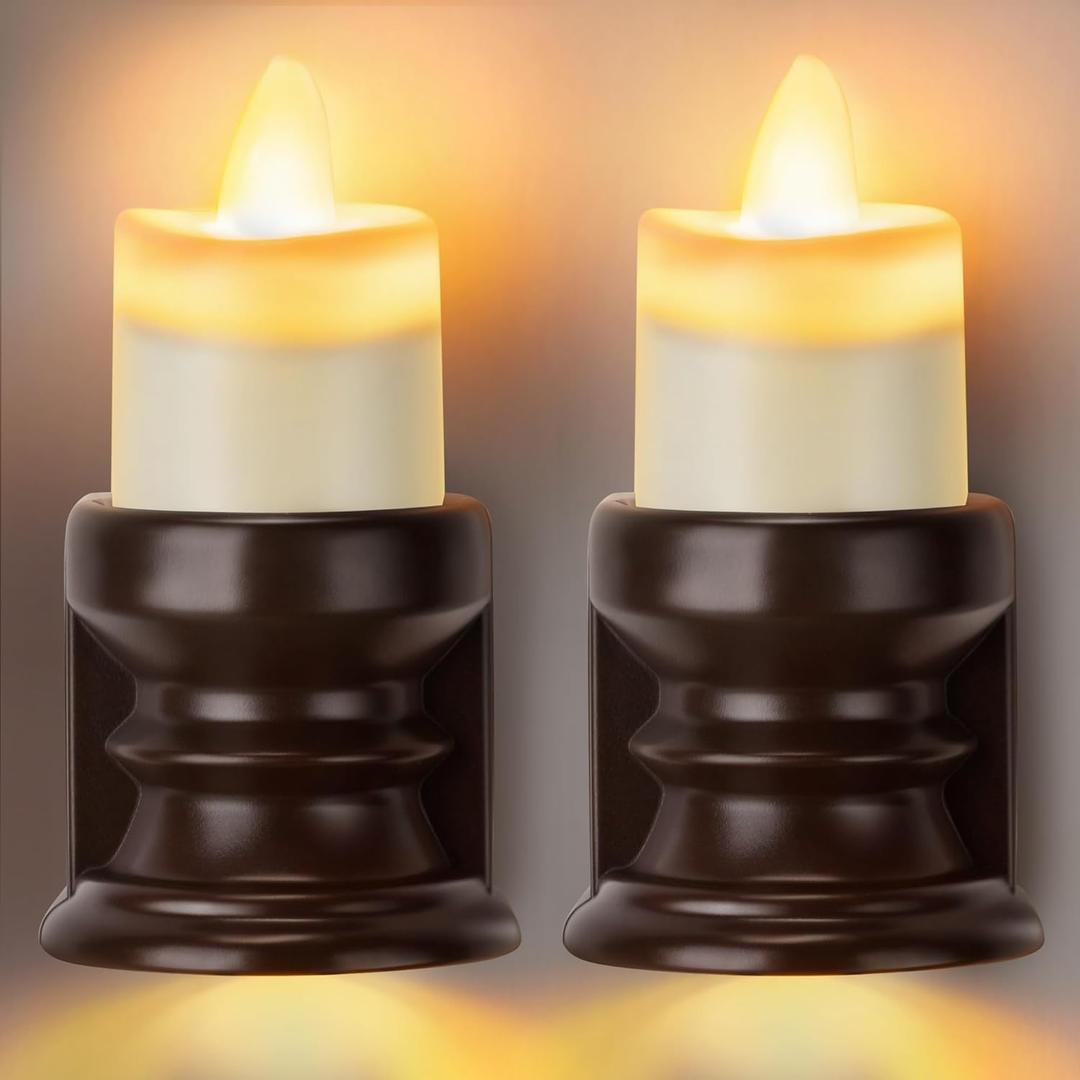 Meonum Flickering Flameless Candle Night Light Plug in, Dimmable LED Nightlight with Dusk to Dawn Sensor, Decorative Candle Light for Bedroom, Hallway, Bathroom(2 Pcs,Warm Yellow & Brown Base)