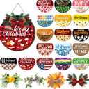 Vicenpal Interchangeable Welcome Sign for Front Door with 17 Magnetic Icons, Wooden Seasonal Front Porch Door Decor with 4 Seasonal Wreaths and 17 Changeable Icons for Holiday Party