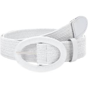 WHIPPY Women Straw Woven Elastic Stretch Waist Belt, Boho Braided Skinny Dress Belts for Women (M: Fit Waist Size Below 35 Inches, White)