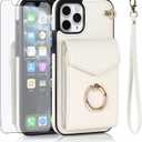 Asuwish Phone Case for iPhone 11 Pro 5.8 Wallet Cover with Tempered Glass Screen Protector and RFID Blocking Ring Stand Card Holder Cell Accessories iPhone11pro iPhone11 i XI 11s 11pro Women Off White