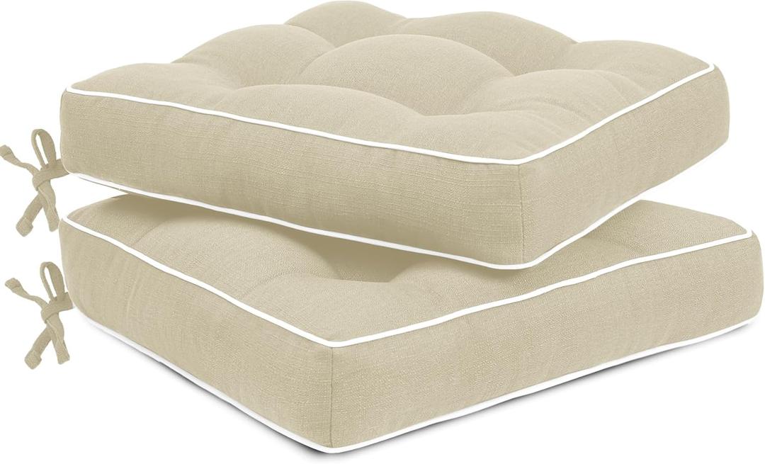 Favoyard Patio Cushions 19 x 19 Inch Indoor & Outdoor Chair Cushions Water-Resistant Seat Cushion for Patio Furniture 3-Year Color Fastness Square Tufted Couch Chair Pads with Ties, 2 Pack, Beige