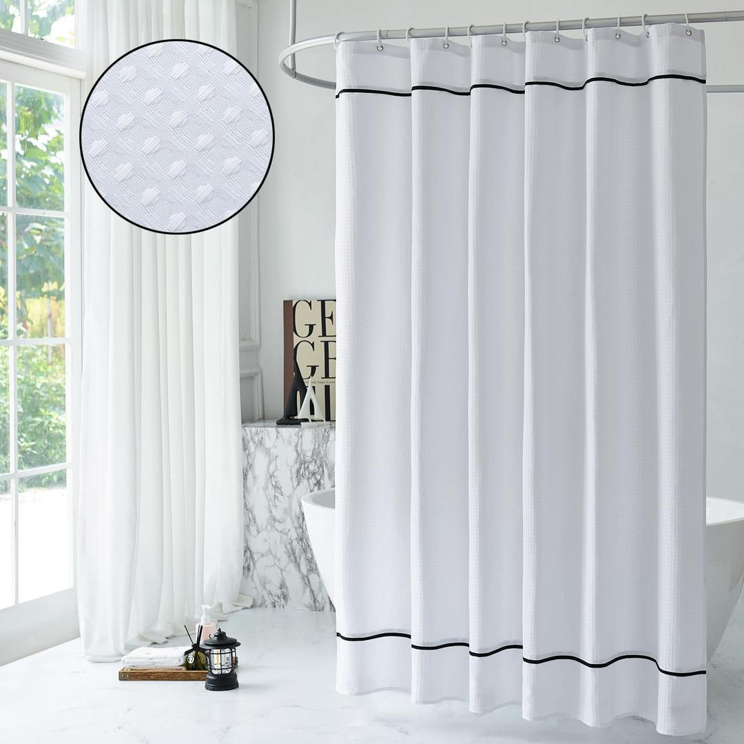 White Shower Curtain with Black Border, Modern Chic Waffle Fabric Shower Curtains for Bathroom and Hotel,72 x 84 Inches