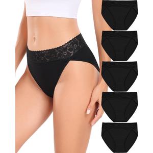 RHYFF Womens Underwear Cotton Bikini Panties High Cut Lace Panty Stretch Hipster Underpants Ladies Briefs (Medium, Black)