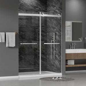56"-60" W x 75" H Frameless Shower Door, Double Sliding Shower Door,5/16"(8mm) Clear Tempered Glass,Silent Soft-Close Design,Brushed Nickel