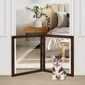LZRS Clear Dog Gate for Indoor Use - Transparent Pet Fence with Solid Hardwood and Plastic Board, Stylish & Durable freestanding Pet Gate for Doorways, Stairs and Hallways-2 Panel Brown