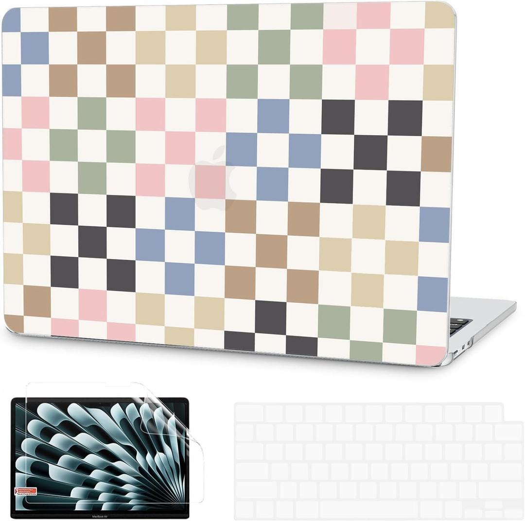 G JGOO Compatible with MacBook Air 13 inch Case 2026 2025 2024 2023 2022 M4 A3240 M3 A3113 M2 A2681, Hard Shell for MacBook Air 13.6 inch Case + Keyboard Cover + Screen Protector, Colorful Checkered