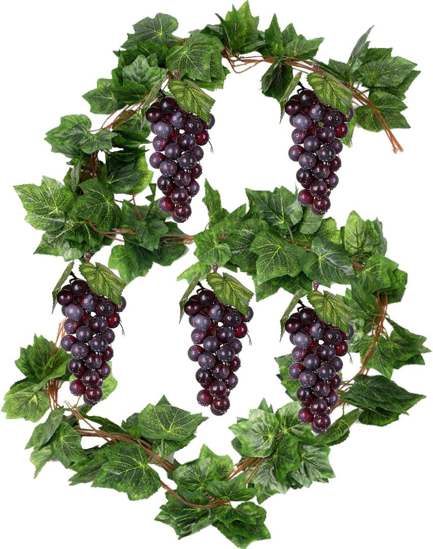 5Pcs 36 Leaves Artificial Greenery Garlands Hanging Leaves with 5 Strings 36 Purple Grapes for Faux Grape Leaf Garland Vine Plants for Indoor Outdoor Wedding Garden Home Party Wine Rack Decor
