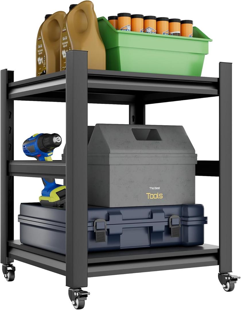 2 Tier Garage Shelving with Wheels and Fences Unit Heavy Duty Storage Shelves Easy Assembly Adjustable Metal Steel Utility Shelf Rack Garage Storage Organize for Tools Basement,Warehouse (17.7*21.6*21.6",1set)