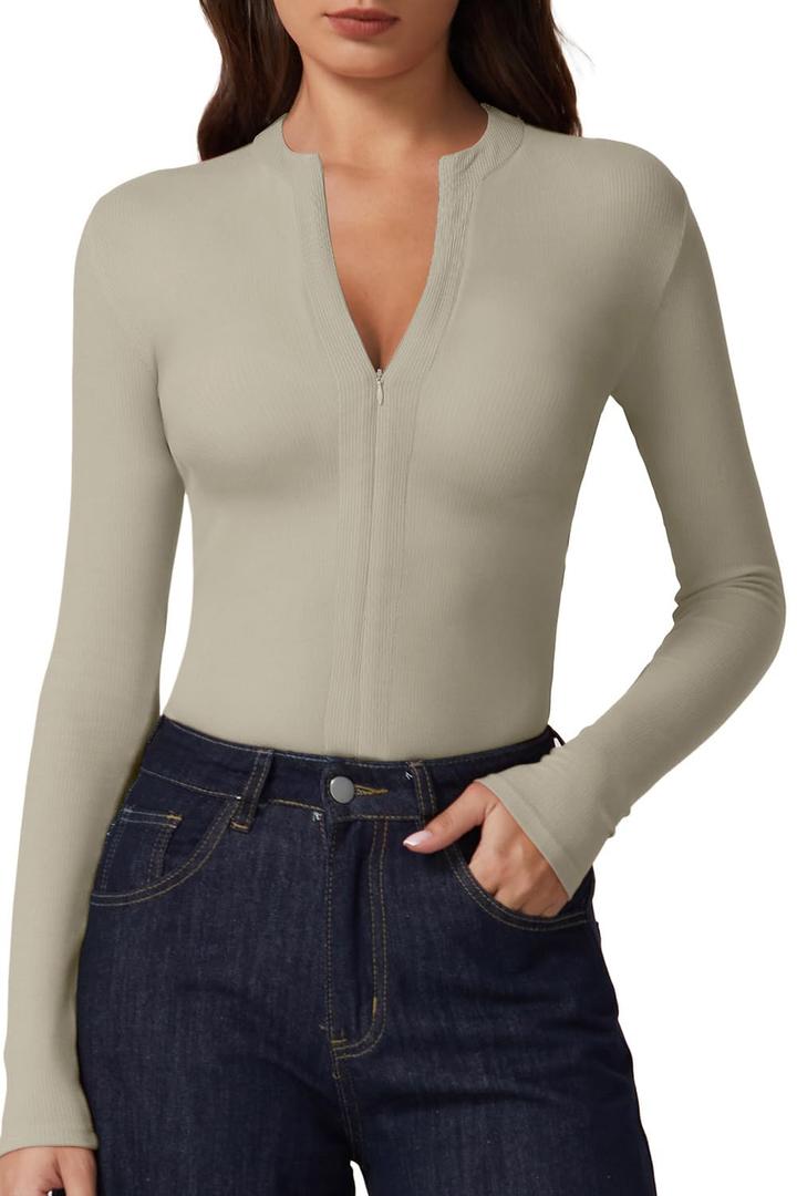 QINSEN Long Sleeve Shirts for Women V Neck Half Zipper Ribbed Knit Going Out Tops Full Length Basic Tee, S