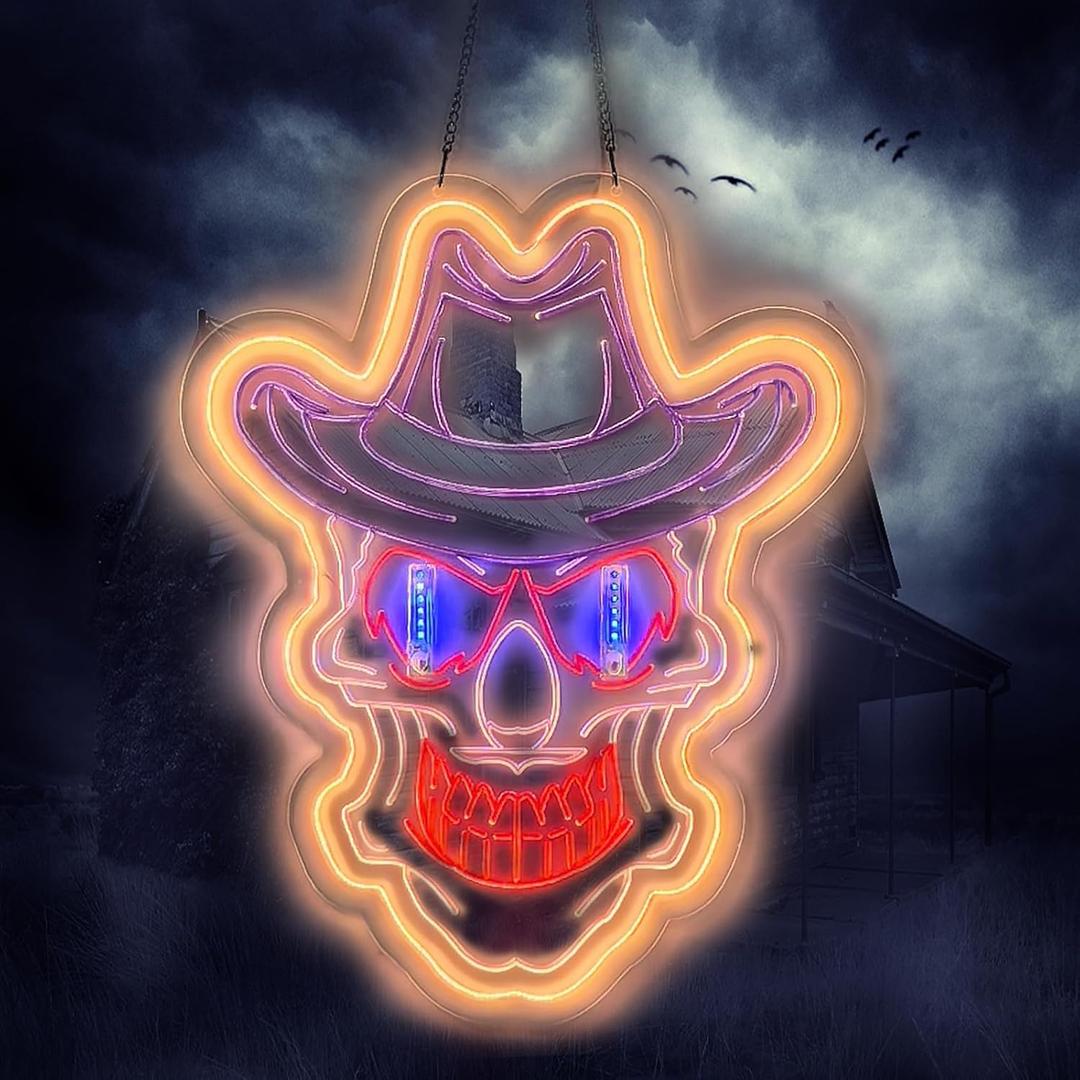 Skull Dynamic Flame Eyes Neon Sign for Wall Decor Halloween Skeleton Signs Ghost Haunted House Decoration Bedroom Beer Bar Man Cave Night Light Club Birthday Party Store Gifts