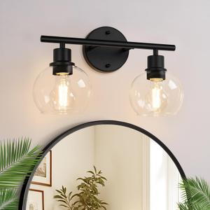 Indoi 2-Light Bathroom Vanity Light, Matte Black Bathroom Light Fixture Over Mirror with Clear Glass Globe Shades, Modern Farmhouse Wall Sconce for Bathroom, Kitchen, Bedroom, Hallway