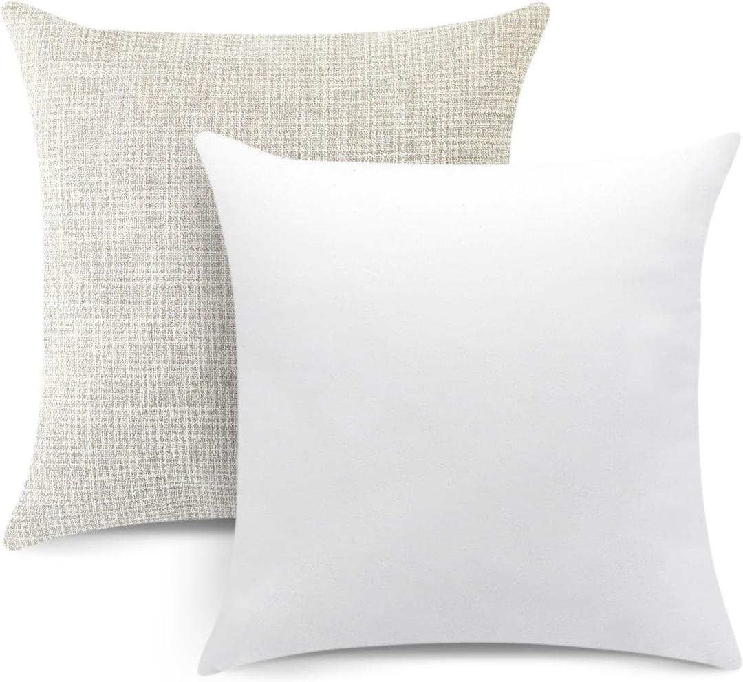 OTOSTAR Set of 2 Linen Throw Pillow Covers with Inserts Included Decorative Square Pillowcases with Inserts 22x22 Inch for Home Decor Sofa Bedroom Car 55 x 55 CM Beige (22" x 22" (Pack of 2), Beige With Inserts)