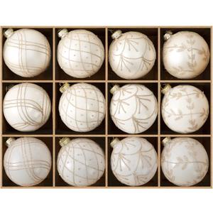 DN DECONATION Christmas Ball Ornaments Set of 12  3.14 White Glass Ball Ornaments with Gold Glitter Lines, Elegant Glass Christmas Decorations for Tree Holiday Dcor Wedding Party & Home