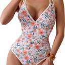 B2prity Women's V Neck One Piece Swimsuit Tummy Control Slimming Bathing Suit Double Straps Crisscross Back Swimwear (X-Large, Red Yellow Floral)